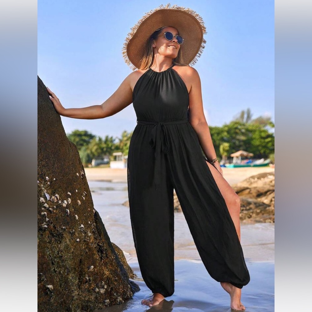 SHEIN plus split thigh belted halter neck cover up Jumpsuit